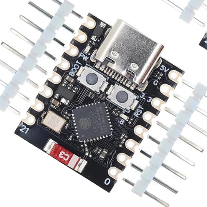 Photo showing an ESP32C3 Super Mini development circuit board.