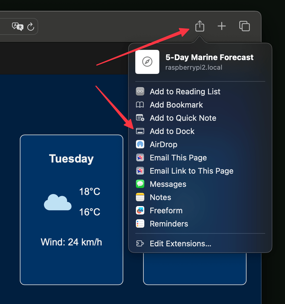 Screenshot of Safari browser share button showing where to click to add a webpage to the Dock on a Mac